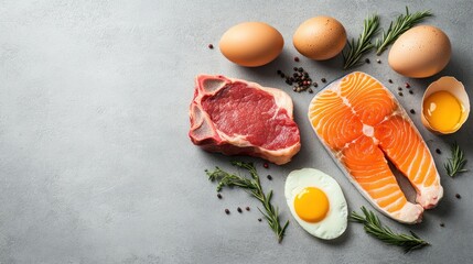 Carnivore or keto diet concept. Raw ingredients for zero carb or low carb diet - rib eye, salmon steak, pork, egg on gray stone background. Top view or flat lay.generate AI