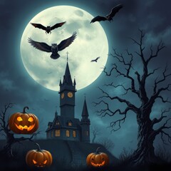 Halloween night background with moon owl spider bat pumpkin castle and old tree backgrounds for halloween Illustration 