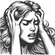 © Oleksandr Pokusai - woman in emotional distress, holding her head with a pained expression, capturing intense frustration and anxiety sketch engraving generative ai raster illustration. Black and white image.