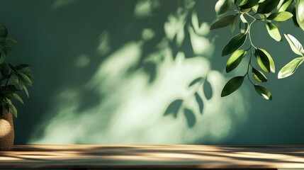 Canvas Print - Sunlight and Green Leaves Cast Shadows on a Wooden Table