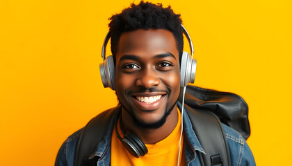 Happy young adult African man hipster standing isolated on yellow background looking at camera. Smiling cool generation z Black student guy wearing backpack headphones posing for portrait isolated w