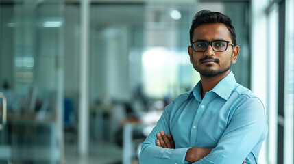 Wall Mural - A serious Indian man with glasses and a blue shirt standing in an office