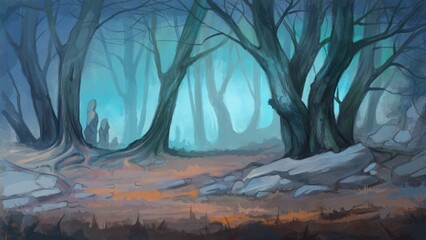 Foggy blue forest. Digital painting illustration.