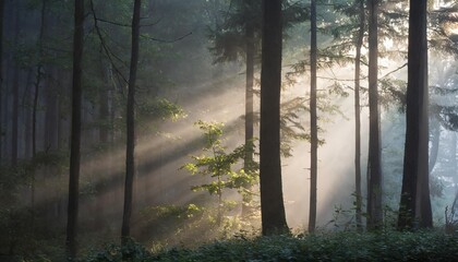 Wall Mural - Misty forest at dawn with light rays shining through fog and trees; dramatic scene in the wilderness for background