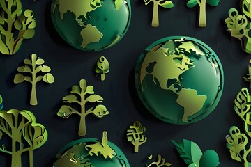 Wall Mural - World environment day on green background in paper cut style, Earth day. Generative AI 