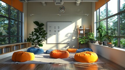 Wall Mural - Modern office room with a collaborative workspace, bean bags, and a whiteboard Realistic Octane