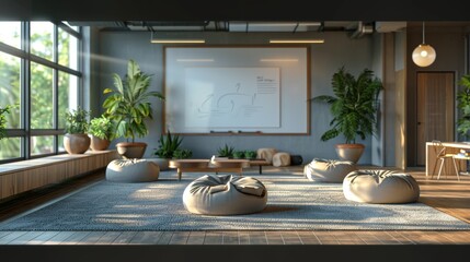 Wall Mural - Modern office room with a collaborative workspace, bean bags, and a whiteboard Realistic Octane