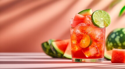 Wall Mural - Watermelon Lime Cooler, Watermelon cubes and lime slices floating in a chilled watermelon juice or soda water mix.