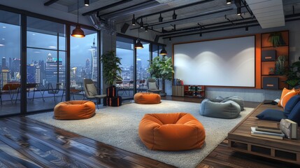 Wall Mural - Modern office room with a collaborative workspace, bean bags, and a whiteboard Realistic Octane