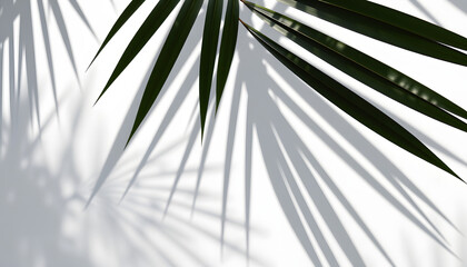 Wall Mural - Grey shadow of natural palm leaf abstract background falling on white wall texture for background and wallpaper. Tropical palm leaves foliage shadow overlay effect, foliage mockup and design isolate