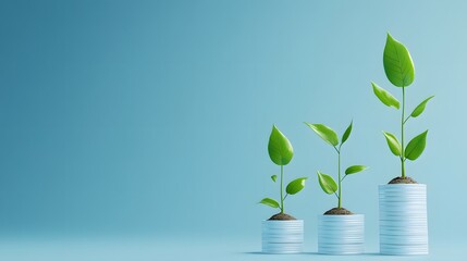 Three stacks of coins with growing green plants symbolize financial growth and investment success against a blue background.