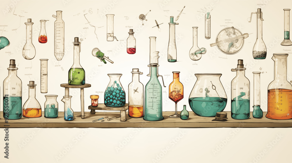 Illustrative Chemistry Lab Scene Featuring Assorted Glassware with ...