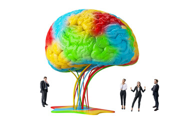 Canvas Print - Large colorful brain with businesspeople around on isolated white background. Concept of teamwork, brainstorming, and business collaboration