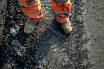 Wall Mural - A worker in a reflective safety vest oversees a newly asphalted road, contemplating the day’s progress.