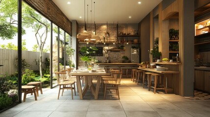 Modern dining room with wooden furniture and large window overlooking a green garden.