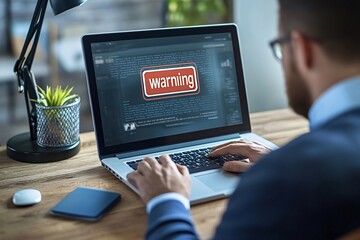 Businessman is working on laptop at office desk and getting warning message on screen