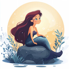 Wall Mural - Magical Mermaid with Seaweed - Beautiful Cartoon Vector for Children's Book Illustrations