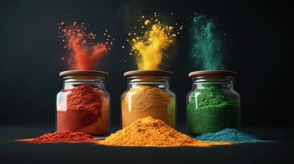 Colorful spice powders in jars create a vibrant and dynamic scene, evoking creativity and culinary excitement.