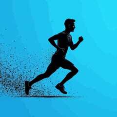 Abstract silhouette of a jogging man in an athletic pose with blue form lines and a dynamic movement in a generative artificial intelligence (AI) high-quality illustration