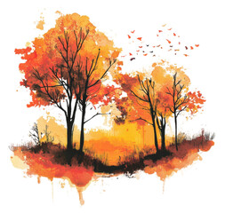 Autumn landscape with vibrant trees at sunset, cut out - stock png.