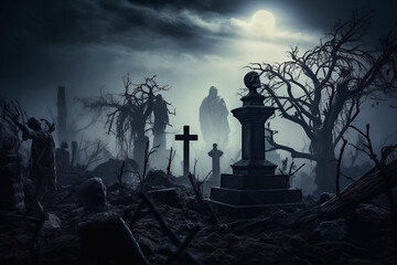 Wall Mural - AI generated image of a mysterious dark cemetery at halloween night