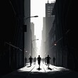 © Global Perspectives - urban runners, silhouetted figures, early morning, city street, high contrast lighting, tall buildings, atmospheric, dramatic shadows, minimalistic, moody ambiance