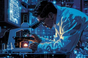 Poster - Scientist working with a microscope in a futuristic laboratory.