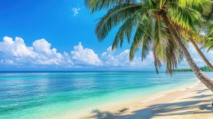 A serene beach scene with palm trees and clear blue water under a bright sky.