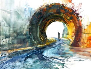 Poster - Abstract Watercolor Tunnel with Person Walking.