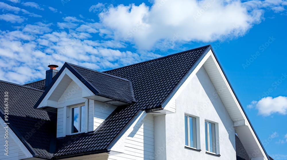 A white house with a black tiled roof against a blue sky with white ...