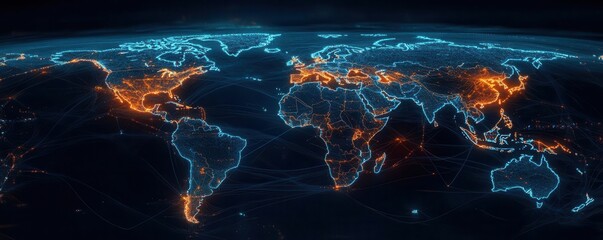 A complex 3D model of the world with highlighted shipping lanes, representing efficient global freight solutions