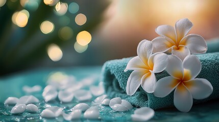 Spa treatment concept with frangipani flowers in a bowl, designed for high-resolution beauty advertisements (close-up, calm theme, vibrant, Multilayer, studio backdrop).