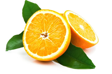 Two oranges with a leaf on top. The oranges are cut in half and the inside is visible