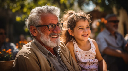 Happy senior man with his little granddaughter sitting outdoors in park. Family, love, care, happiness concept. Image for design, print, banner, poster