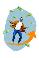 Sticker - Vertical collage picture of excited black white colors man stand growing upwards arrow flying dollar bills isolated on creative background