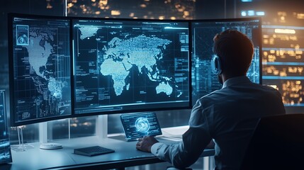 A man sits at a desk in front of multiple computer monitors with a blue world map and code displayed on the screens.  He is wearing headphones.