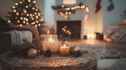 Wall Mural - Cozy Christmas Decor with Warm Candlelight and Boho Aesthetic