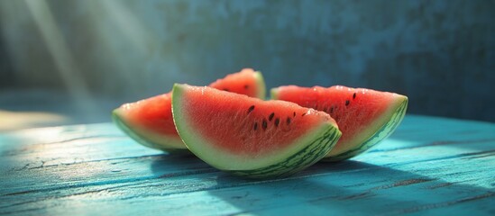 Wall Mural - Watermelon Slices on a Blue Wooden Table