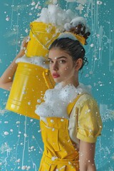 Wall Mural - A woman holds a yellow bucket, dressed in a bright yellow dress