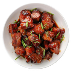 Close-up of glazed meat with green onions in a white bowl.