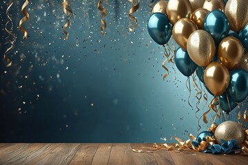 Wall Mural - Party Balloons on Wooden Floor with Confetti