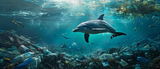 Wall Mural - Dolphin in polluted ocean with rubbish - bottles, bags, nets. Fish are close by. Shows contrast of dolphin's beauty and sea pollution.