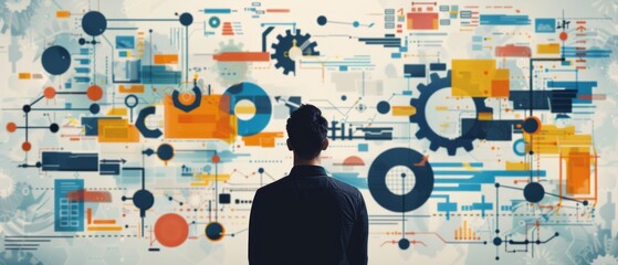 Wall Mural - The illustration shows a person standing in front of a high-tech digital display with complex data. The futuristic atmosphere demonstrates the combination of technology and human interaction.