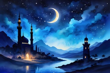 Wall Mural - Ramadan Kareem background with mosque, moon and stars. illustration.