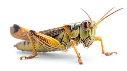 Wall Mural - Close-up of a Grasshopper on a White Background