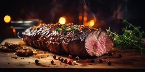 Wall Mural - Juicy Grilled Steak with Rosemary and Peppercorns