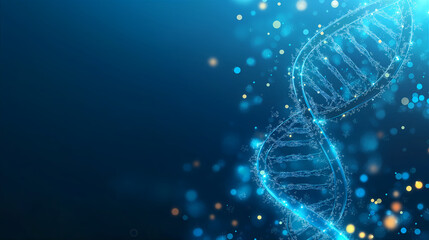 Abstract structure of DNA molecule on blurred blue background with copy space. DNA double helix structure, human genome. Science and biotechnology. Medical research, genetic concept