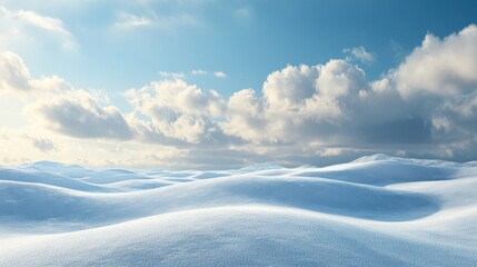 A serene landscape of snow-covered hills under a bright blue sky with fluffy clouds.