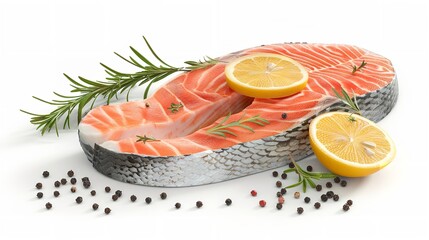 Wall Mural - Raw Salmon Steak with Lemon and Herbs on White Background