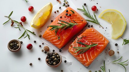 Wall Mural - Raw Salmon Steak with Lemon and Herbs on White Background